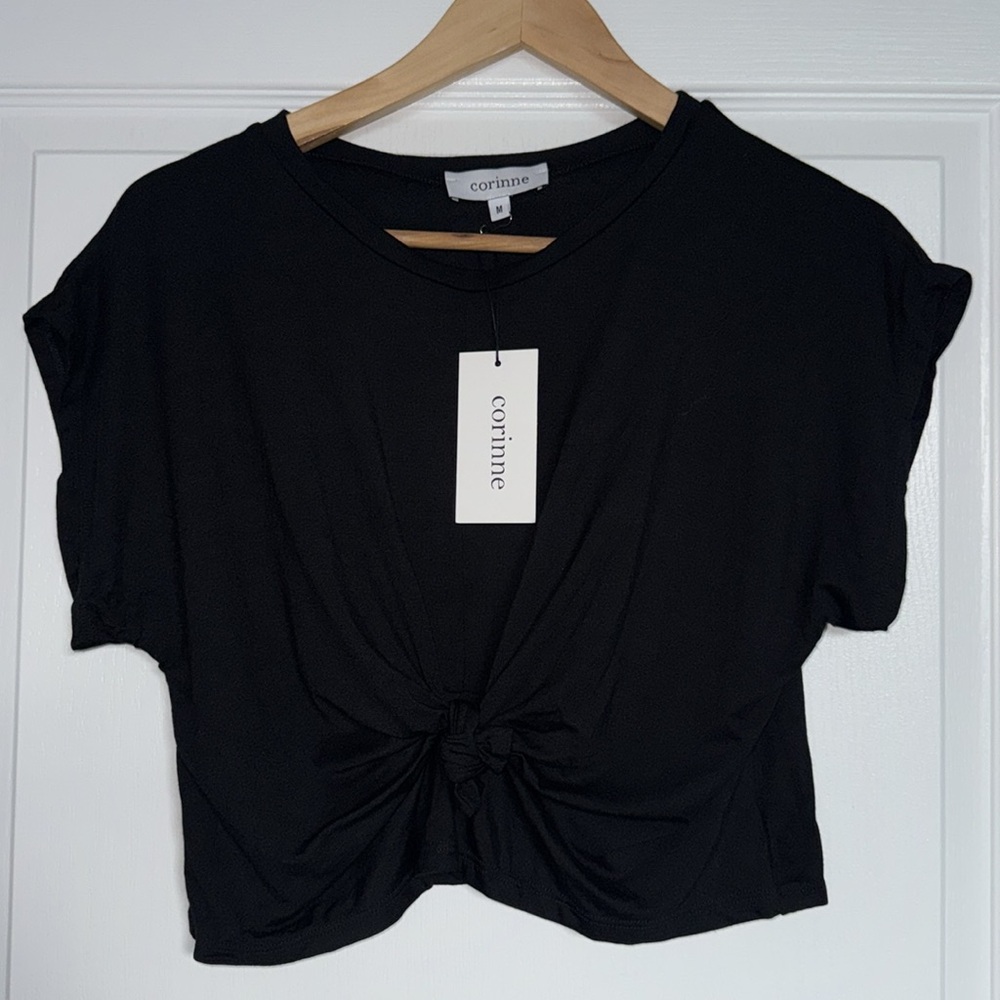 Corinne Collection NEW Black Crop Tie Front Cap Sleeve T-Shirt